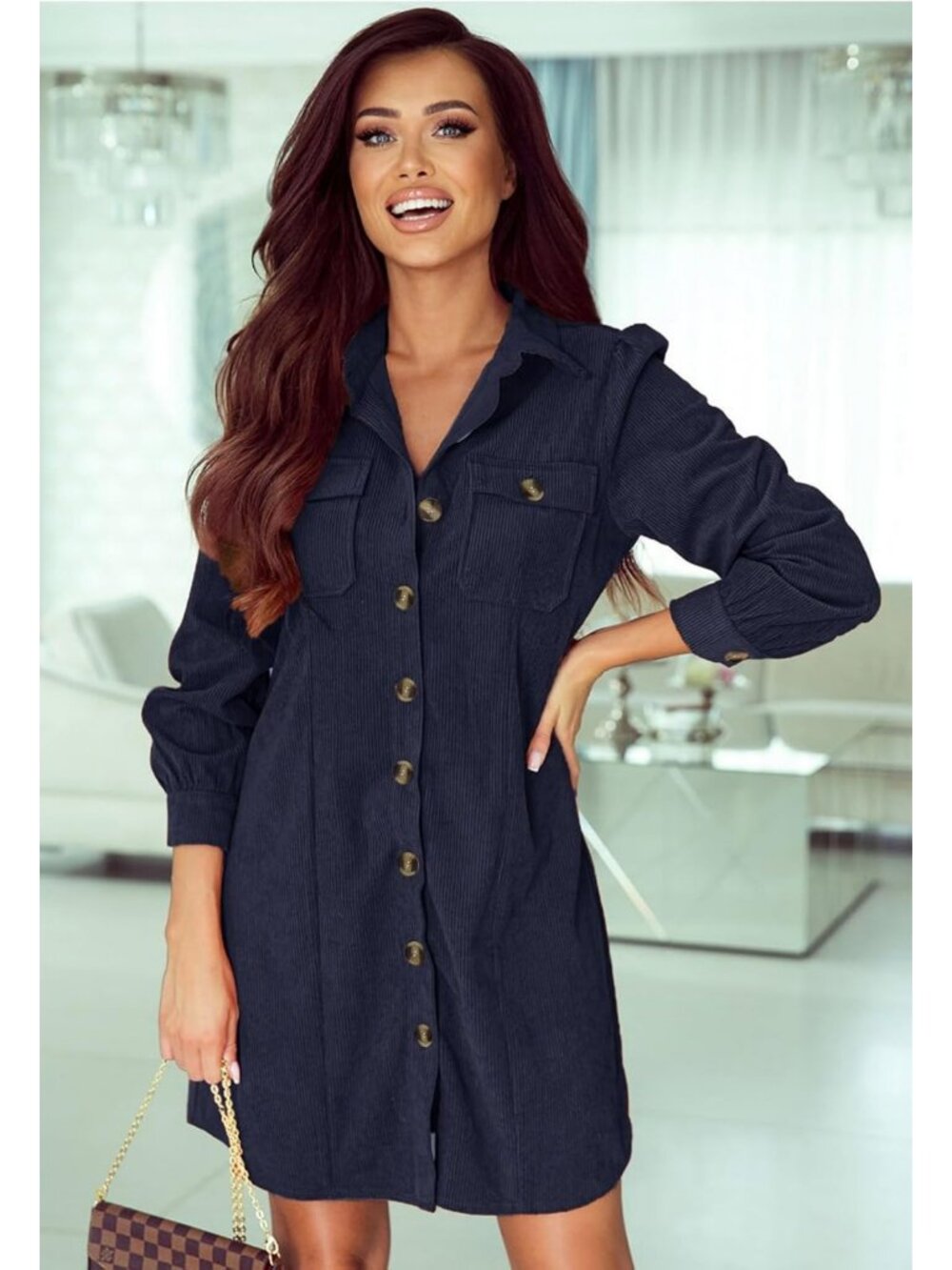 Chic Women's Corduroy Long Sleeve Button-Up Tunic Dress - Perfect for Work - Picture 2 of 5